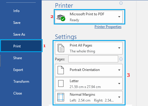 Print to PDF in Microsoft Word